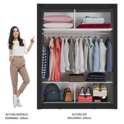 Guarda-Roupa Solteiro Madesa Denver 2 Portas de Correr com Espelho Preto/Rustic Cor:Preto/Rustic