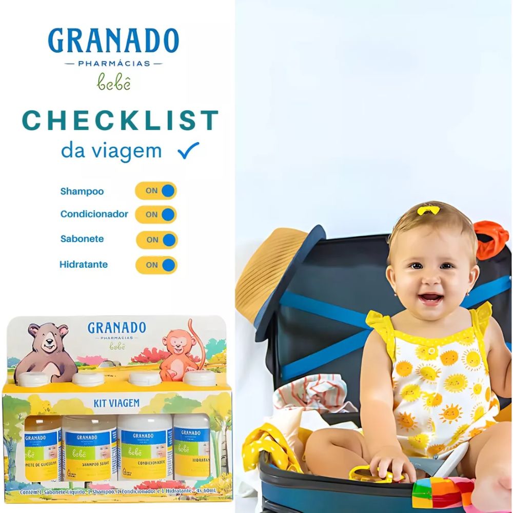 Miniatura Kit Granado Bebe Sabonete de Glicerina Shampoo Suave Condicionador e Hidratante com 60ml cada