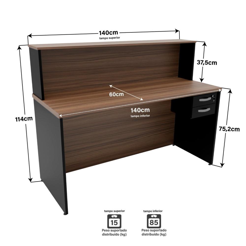 Miniatura Balcão Atendimento Recepção Consultório 140x60cm Com Gaveteiro Nogal