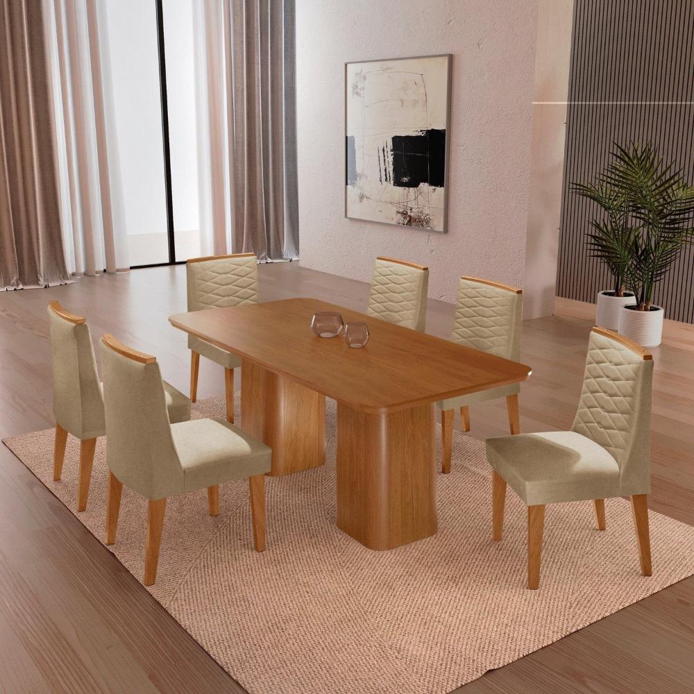 Miniatura Mesa 180cm Tampo Mdf Canto Copo 6 Cadeiras Sakura NATURALLE / OFF WHITE