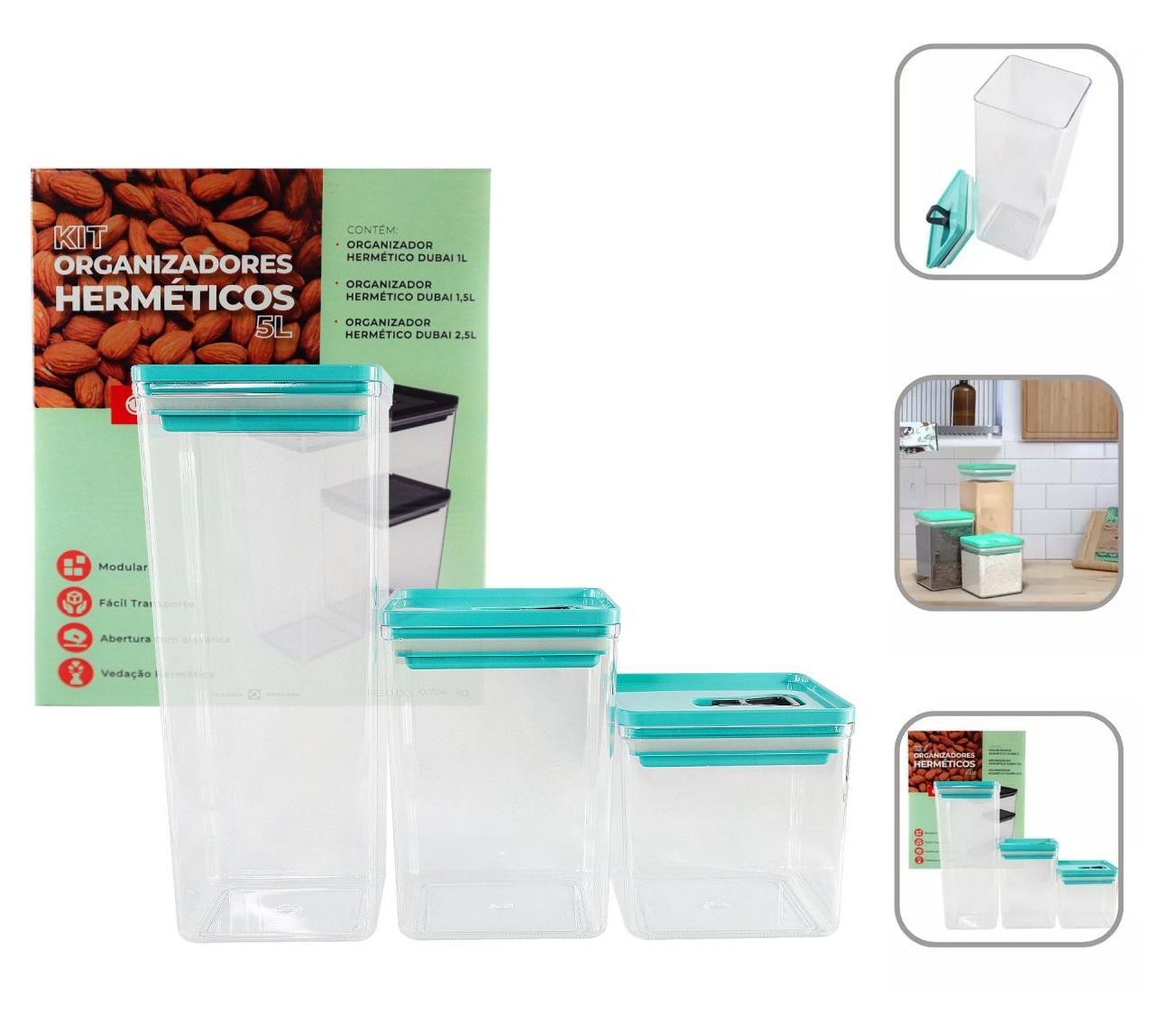 Kit 3 Potes Organizador Alimentos Hermético Verde 5 Litros
