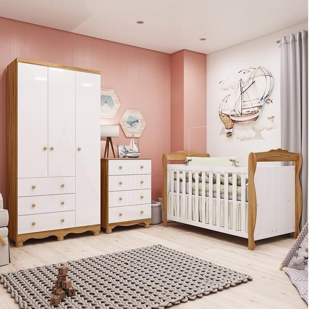 Miniatura Quarto de Bebê Completo com Guarda-roupa 3 Portas e Cômoda e Berço Nina 100% Mdf Espresso Móveis Branco Brilho/Amêndoa