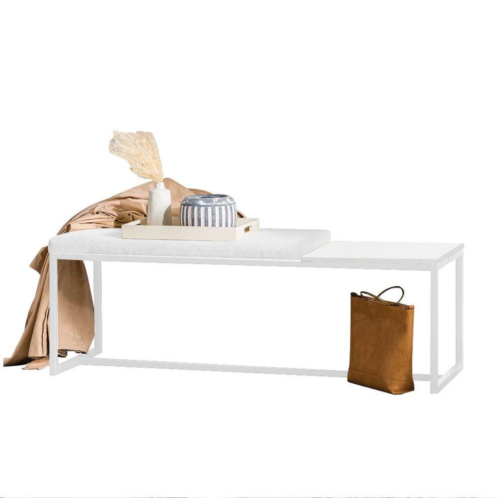 Miniatura Banco Recamier Puff 160cm Industrial Branco Sintético Branco Tampo Quadrado Mdf Branco