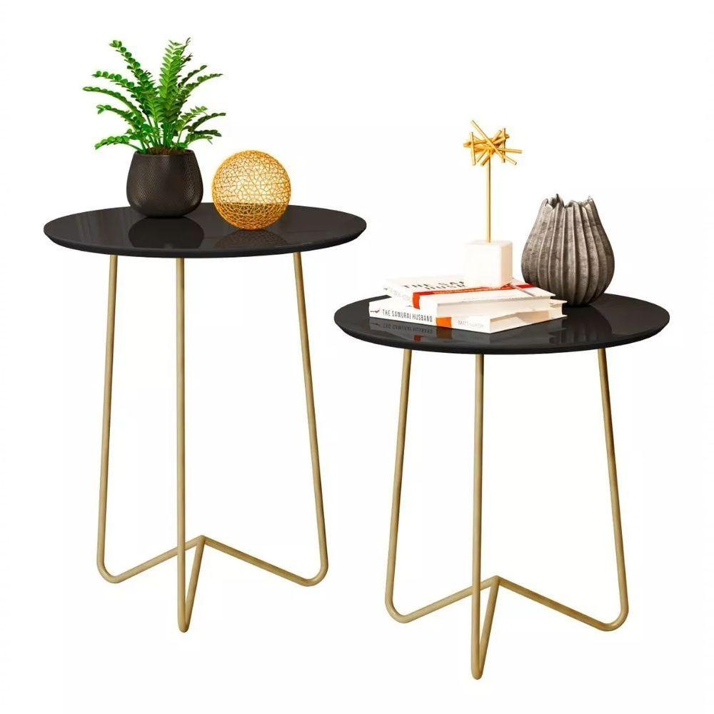 Miniatura Mesas Laterais Roma Dourado Com Vidro 60-50 Industrial - Preto