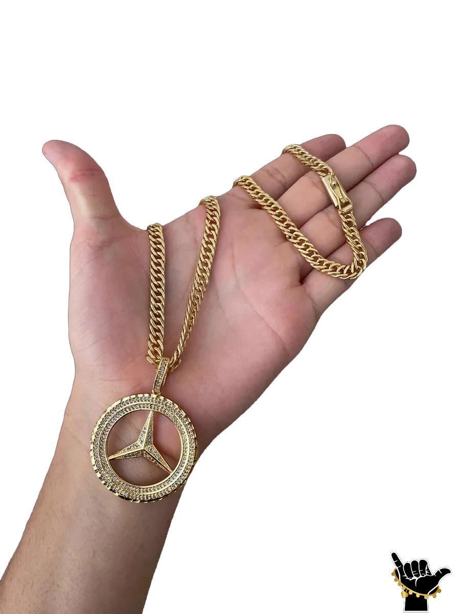 Miniatura Corrente Grumet 7Mm + Pingente Mercedes - Banhado A Ouro 18K