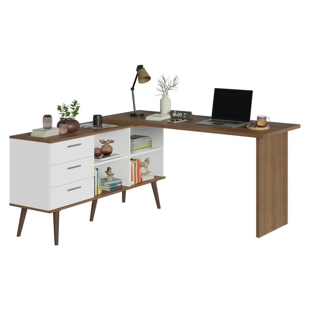 Miniatura Mesa de Estudos em L 3 Gavetas Branco/Rustic Lisboa Madesa Branco/Rustic