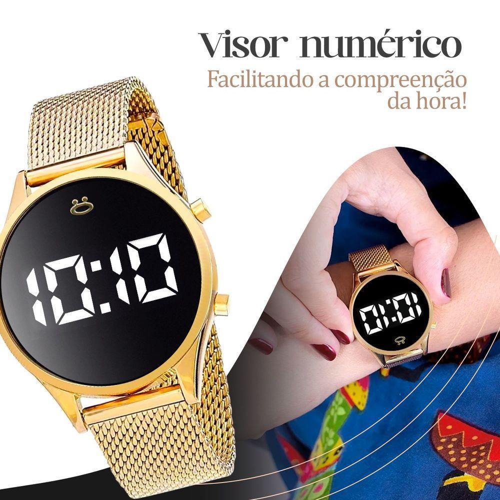 Miniatura Relogio Feminino Digital Dourado + Caixa Colar Silicone Led