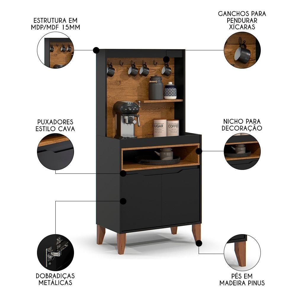 Miniatura Armário Multiuso Cantinho Do Café 71cm Flow Preto-freijó - Ej Móveis