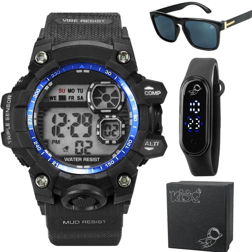 Miniatura Relógio Infantil Prova Dagua + Caixa + Oculos Protecao Uv Qualidade Premium Resistente Menino Alarme
