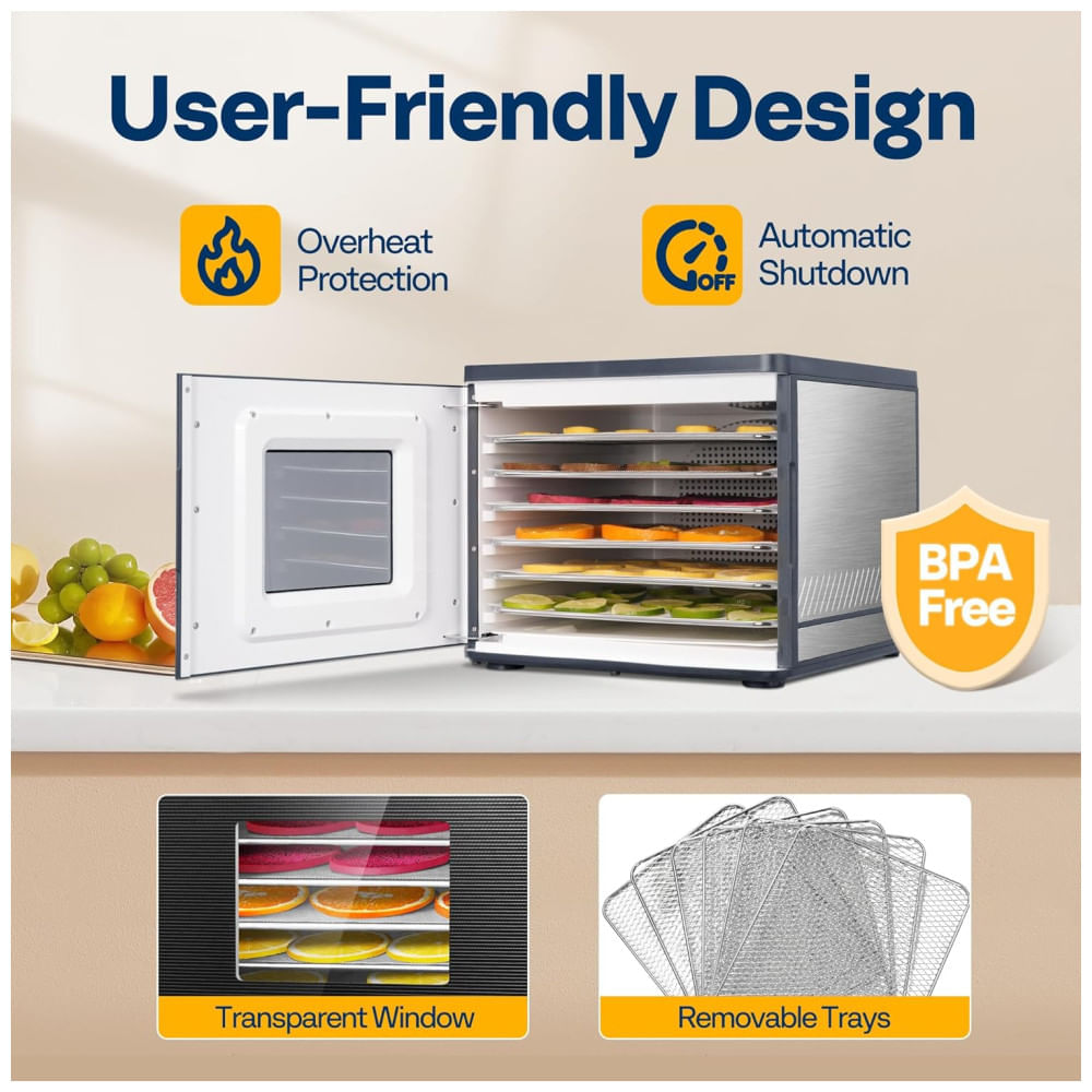 Miniatura Desidratador de Alimentos VIVOHOME, 6 Bandejas de Aço Inoxidável, Controle de Temperatura 70°C, Temporizador 48H, 400W 110v