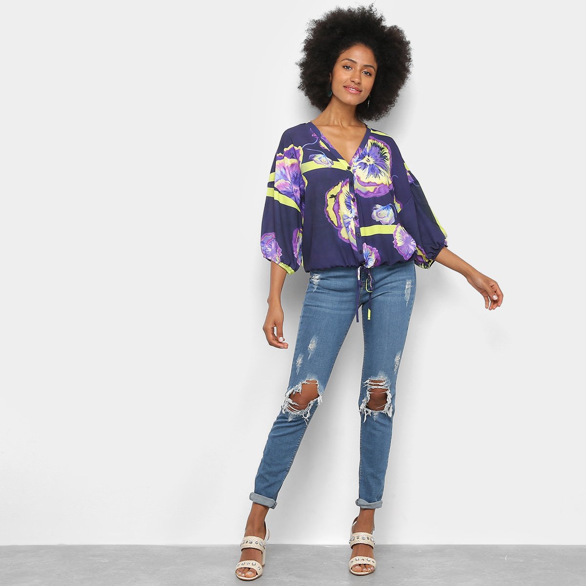 Miniatura Camisa Sommer Estampada Feminina Azul+Pink - 36