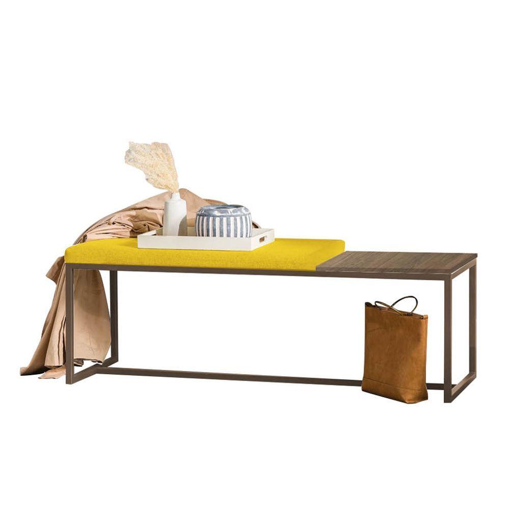 Miniatura Banco Recamier Puff 160cm Industrial Marrom Sintético Amarelo Tampo Quadrado Mdf Carvalho