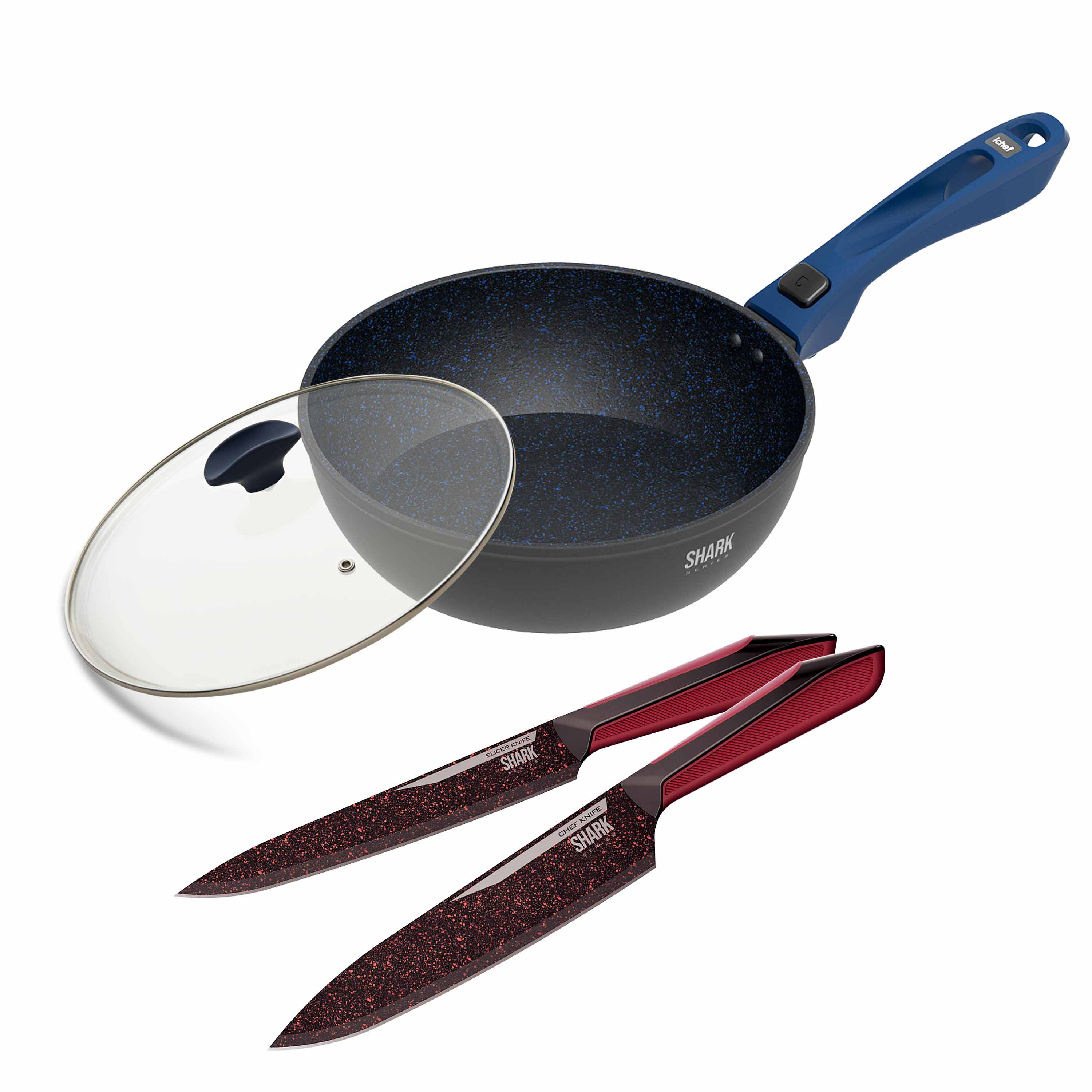 Panelas Ultra Day by Day 24cm com Tampa de Vidro Azul e Kit com 2 Facas Revestimento Ichef Blue