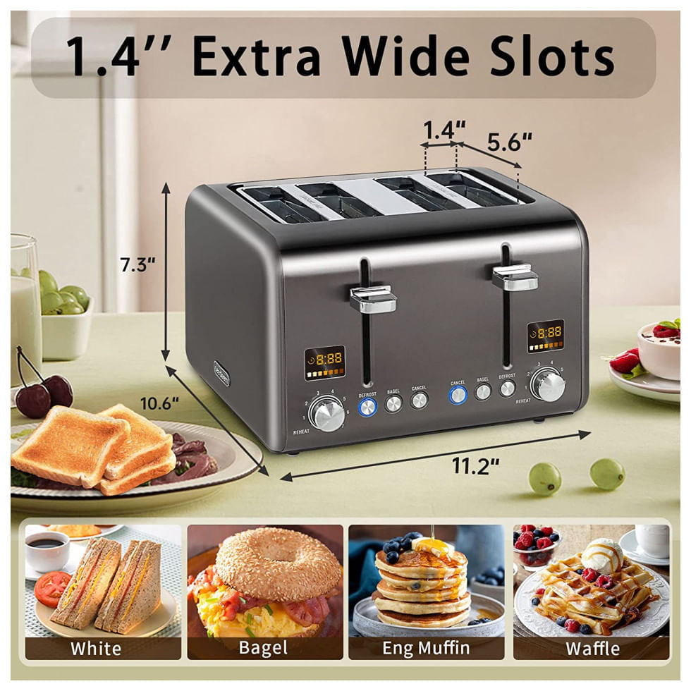 Miniatura Torradeira Elétrica 4 Fatias, Aço Inoxidável 1800W, 110v, SEEDEEM, Cinza escuro