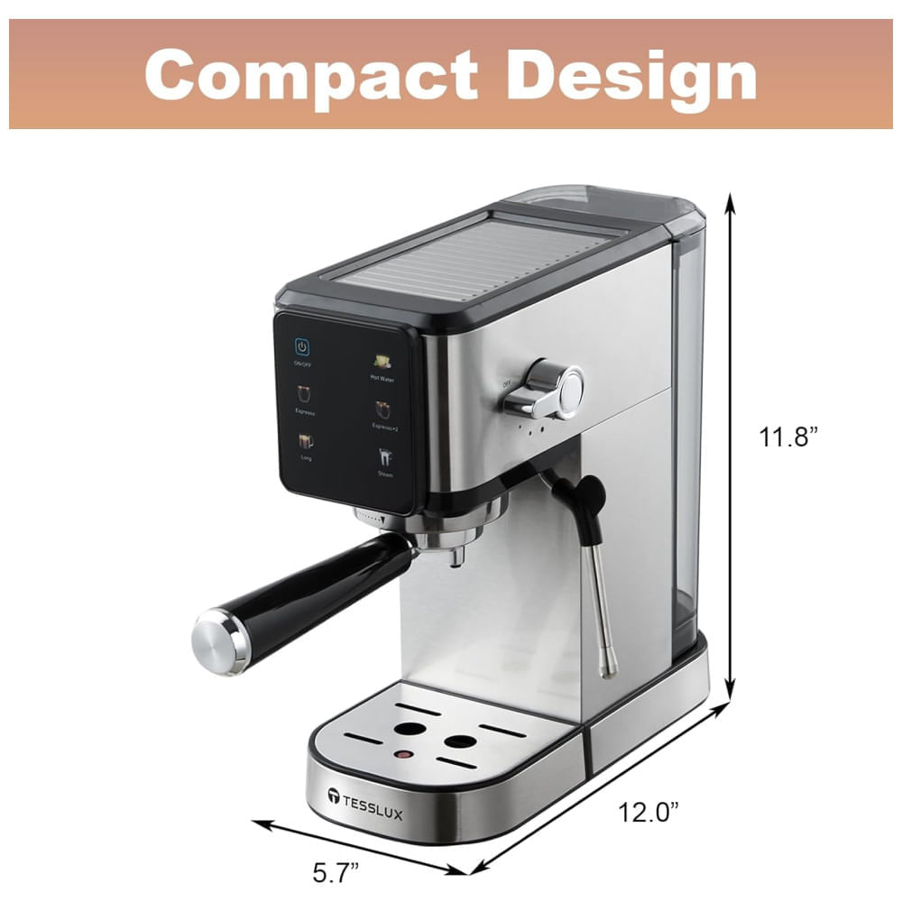 Mquina de Caf Expresso 20 Bar com Vaporizador de Leite, Display LCD e Capacidade de 1L, 110V 1350W, Tesslux, Prata e Preta 110v
