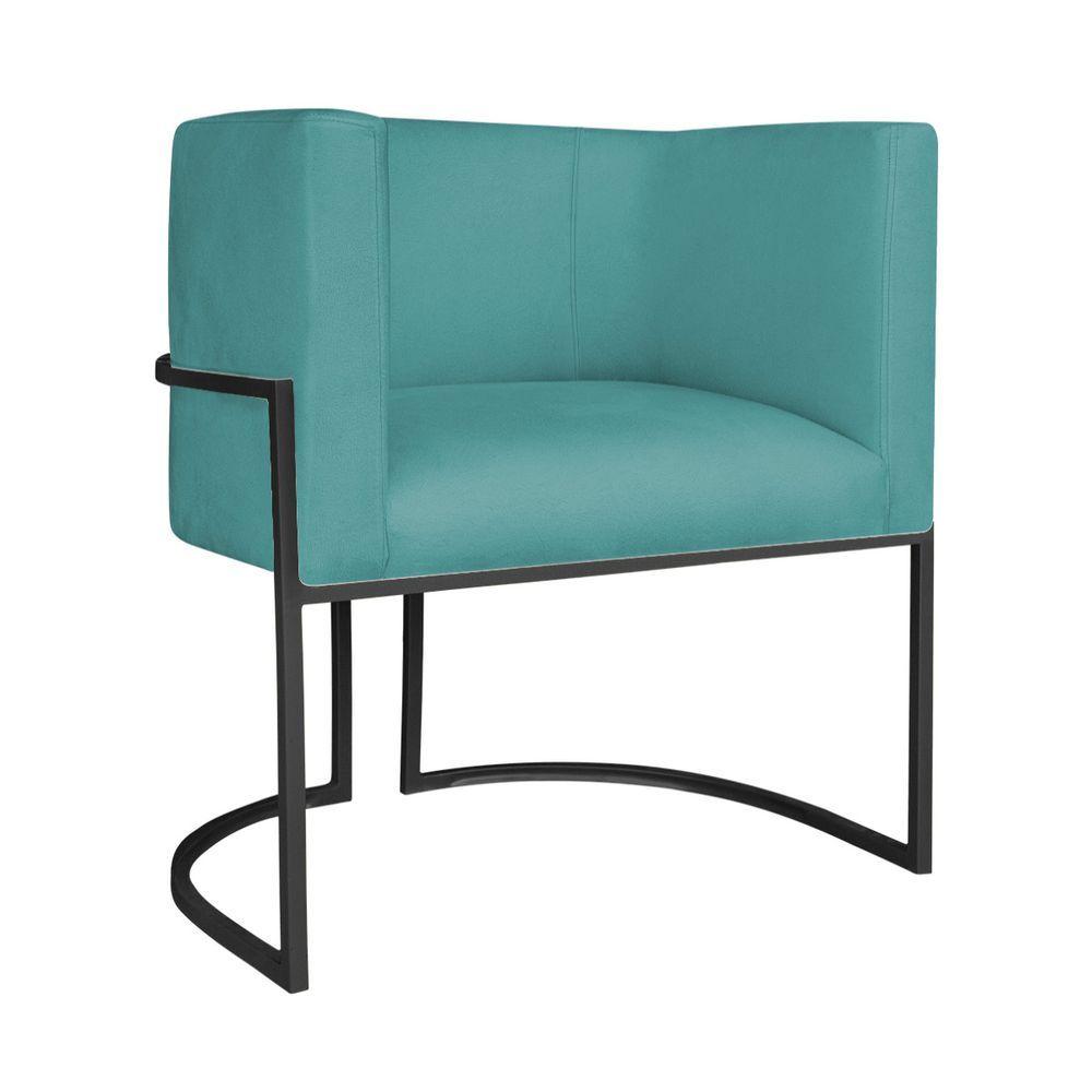 Miniatura Kit Divã Luna 140cm Lado Esquerdo E 01 Poltrona Base De Ferro Preto Suede Cor Azul Turquesa