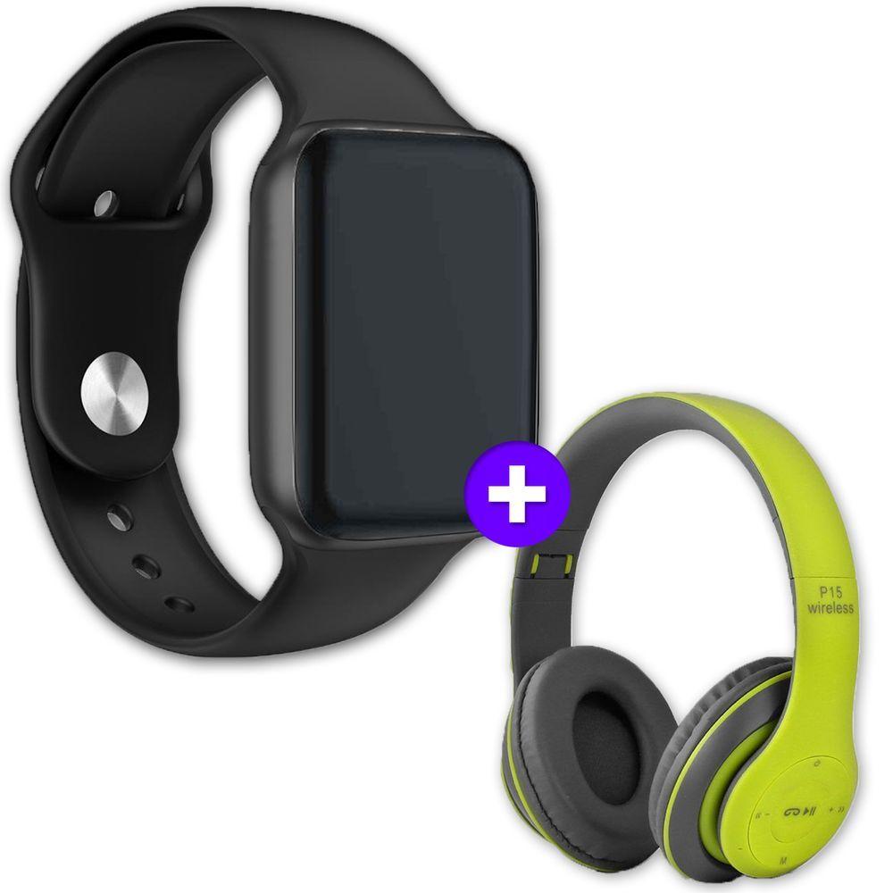 Miniatura Kit Smartwatch Iwo 8 44Mm Preto + Headphone P47 Verde
