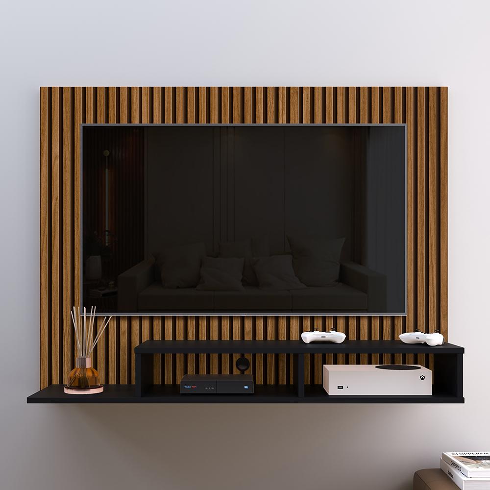 Miniatura Estante Painel Suspenso TV 48 Polegadas Nicho Organizador Prateleira Decorativa Sala Quarto Moderno Dubai Ripado/Preto- RPM Móveis
