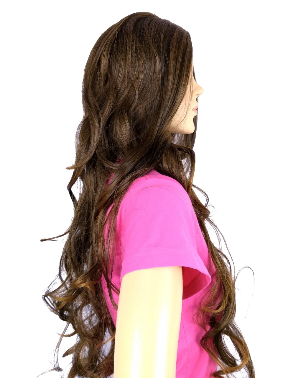 Peruca Lace Wig Ondulada  Acobreado Fibra Futura 70 Cm