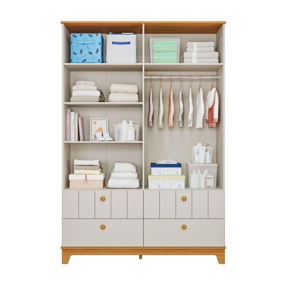 Quarto de Bebê 1 Berço 1 Cômoda 6 Gavetas 1 Guarda Roupas 4 Portas 4 Gavetas Chantilly Off White/Nature