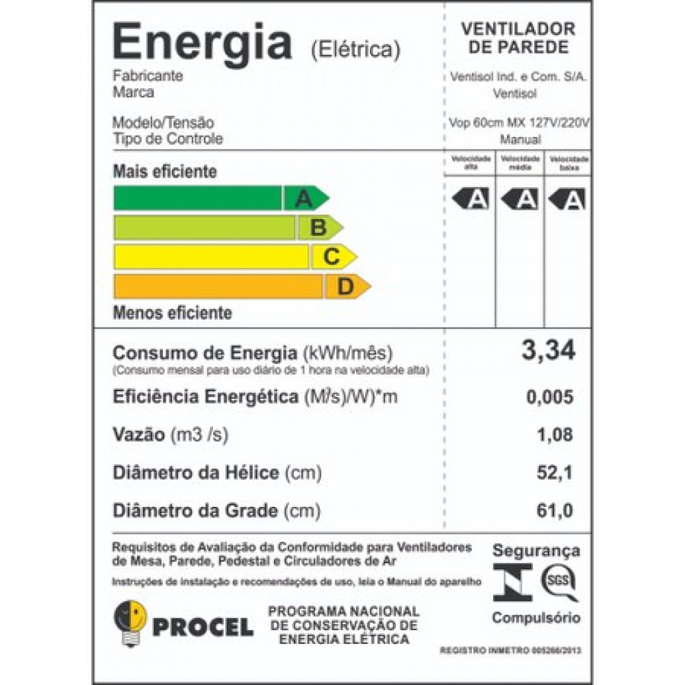 Miniatura Ventilador de Parede Oscilante 60 cm Ventisol Preto - Bivolt