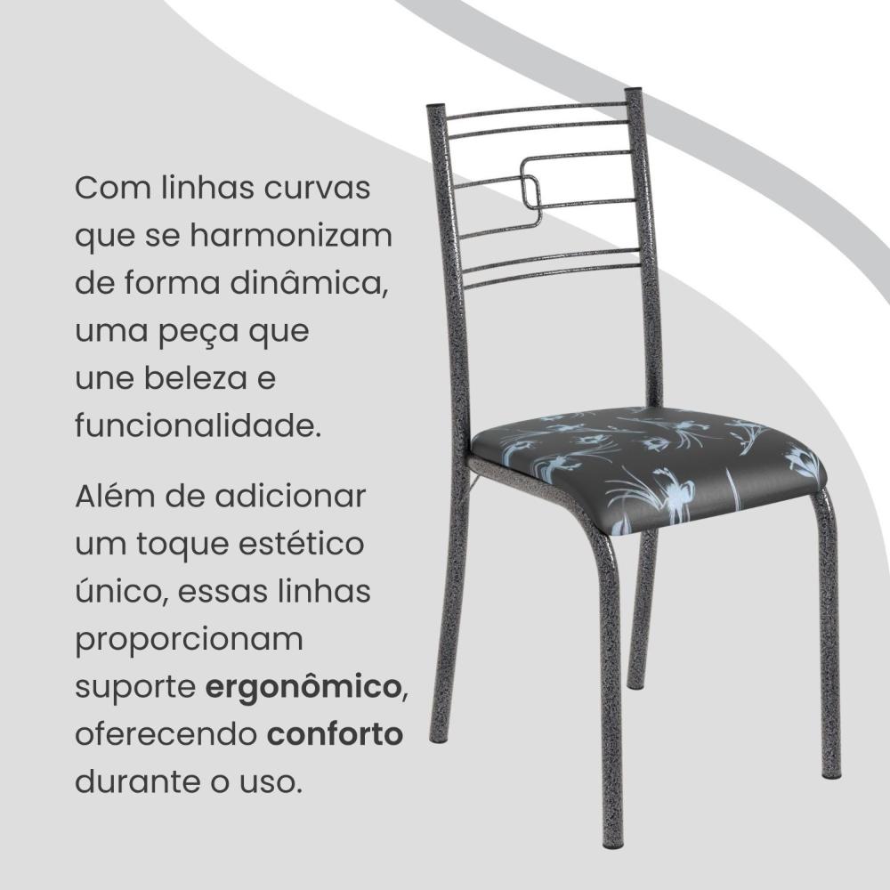 Conjunto Sala de Jantar Mesa Retangular 100x60cm Tampo Pedra Ardósia Indiana 4 Cadeiras Paraty Preto Floral / Mart Prata