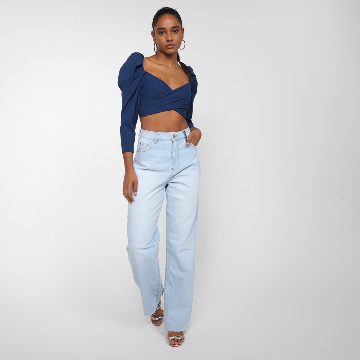 Miniatura Cropped Colcci Canelada Manga Longa Bufante Feminino Azul - G