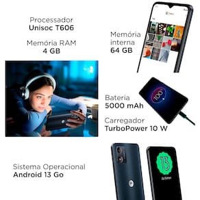 Smartphone Motorola Moto e13 Grafite 64GB, 4GB RAM, Tela de 6.5", Câmera Traseira de 13 MP, Selfies de 5 MP, Android 13 Go e Processador Octa Core