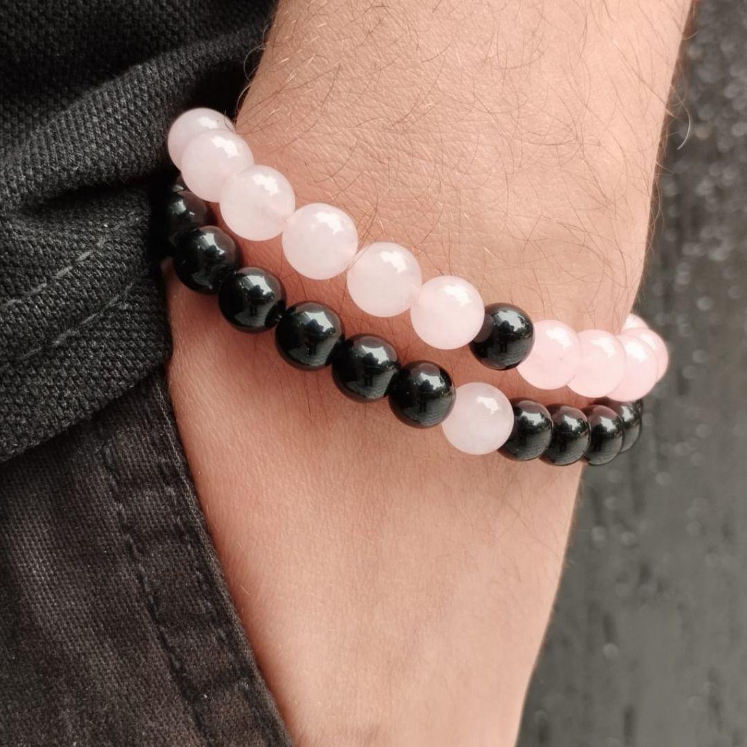 Pulseira Quartzo Rosa E Preto Par Casal Kit 2 Un Combo