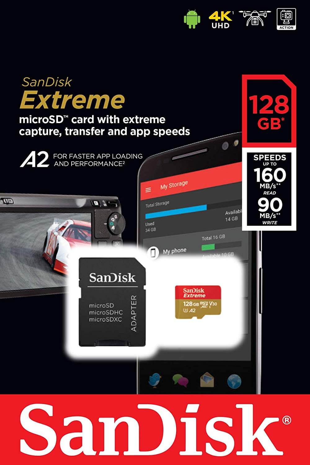 Miniatura Cartão MicroSDXC SanDisk 128Gb Extreme 160Mb/s UHS-I A2 / V30 / U3 Adaptador SD