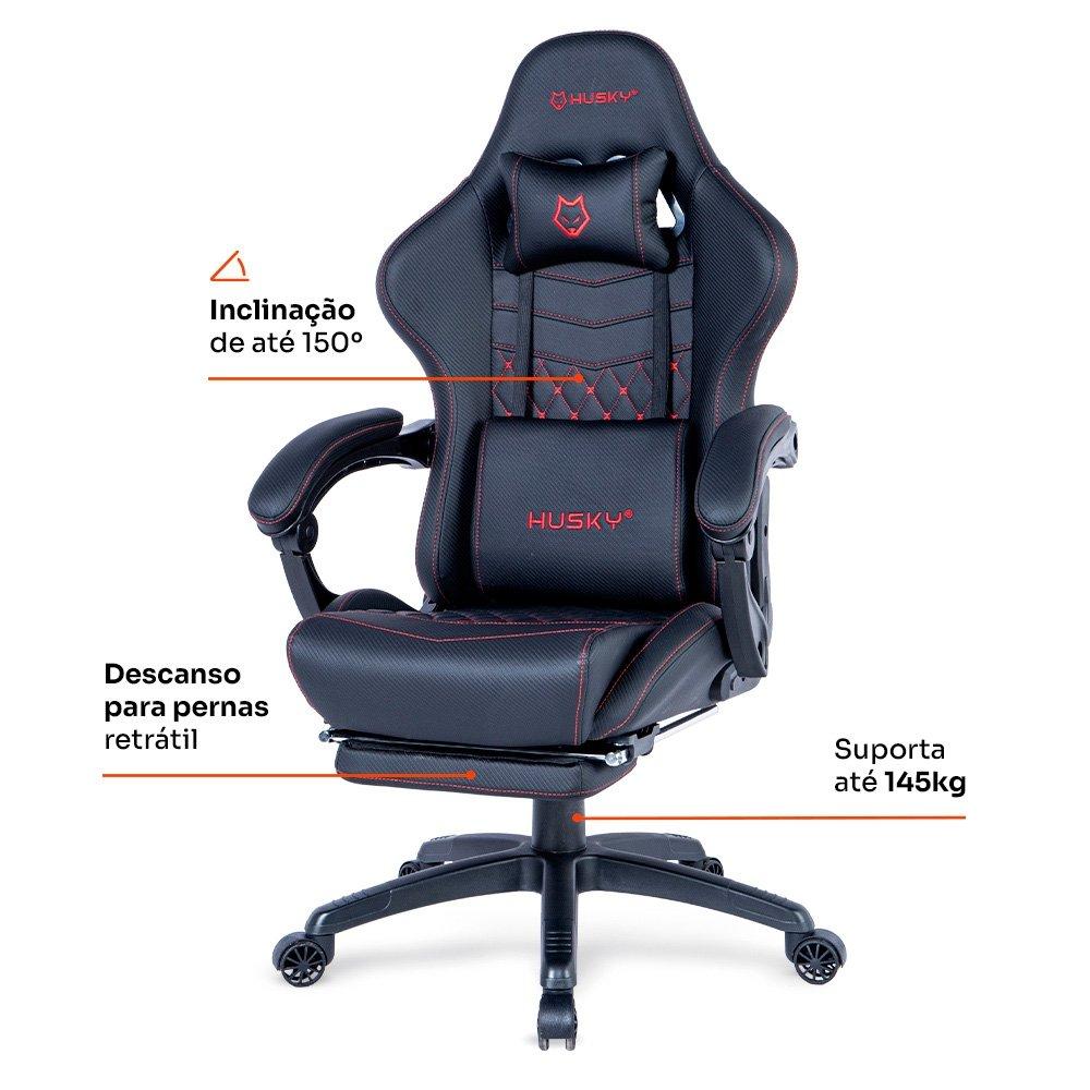 Miniatura Cadeira Gamer Husky Tempest 700, Até 145kg, Almofadas, Reclinável 150º, PU, Descanso para Pés, Preta e Vermelha - HCG700PTVR