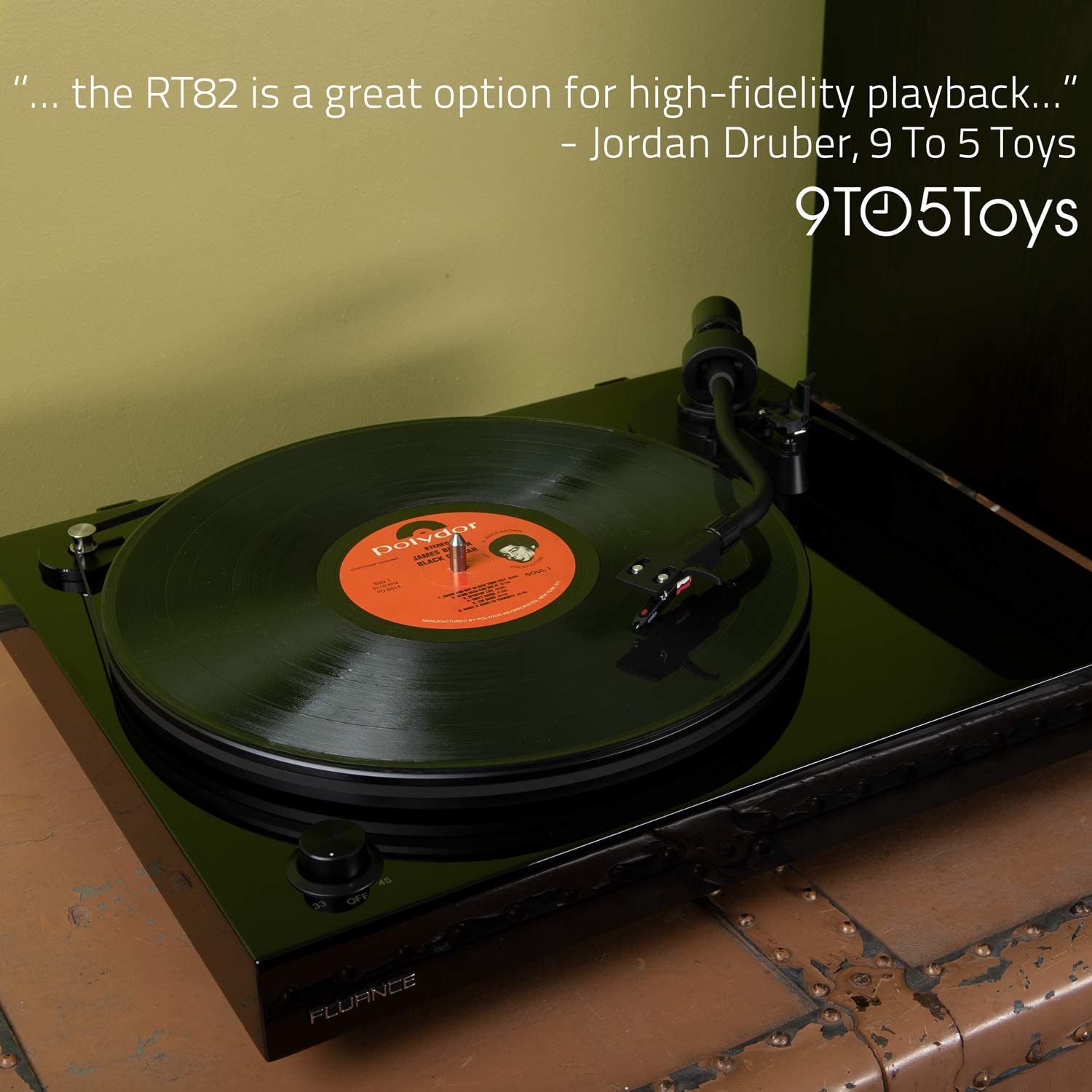 Miniatura Fluance RT82 Reference High Fidelity Vinyl Turntable Record Player with Ortofon OM10 Cartridge Speed Control Motor Solid Wood Plinth Vibration Isolation Feet Piano Black