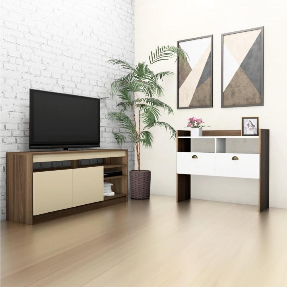 Miniatura Conjunto Rack para TV até 48 Polegadas 2 Portas e Aparador 2 Portas 2 Nichos Estrela Estilare Branco Madeirado/Off White