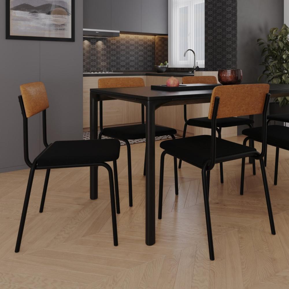 Miniatura Conjunto 4 Cadeiras Estofadas Fixa Empilhável Fit Preto / Caramelo / Preto Fosco