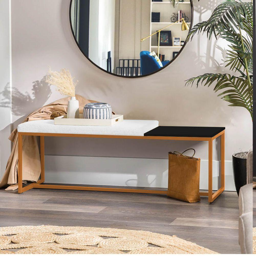 Miniatura Banco Recamier Puff 160cm Industrial Bronze Corino Branco Tampo Quadrado Preto