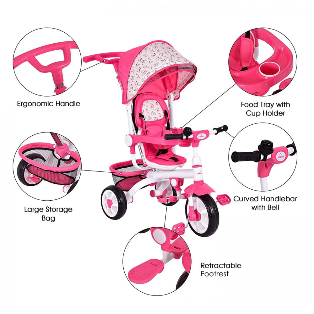 Miniatura Triciclo Infantil 4 em 1 com Alça Removível, Sino, Assento Giratório e Cesta de zenamento para Crianças de 1 a 5 ano...