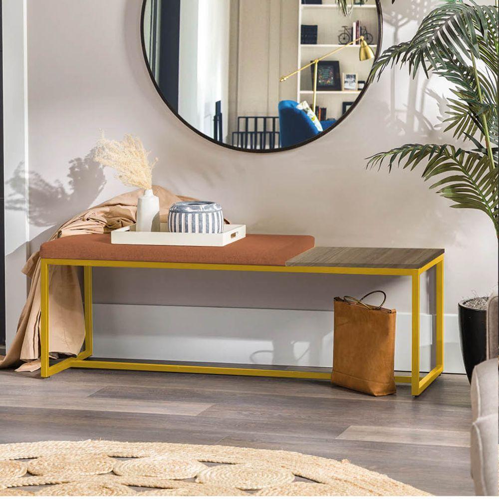 Miniatura Banco Recamier Puff 160cm Industrial Dourado Suede Terracota Tampo Quadrado Marmorizado