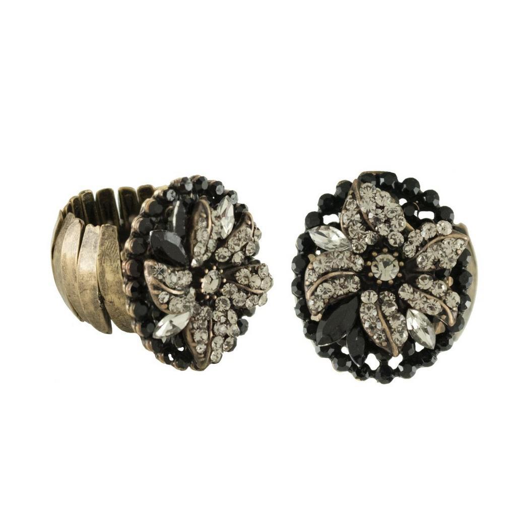 Miniatura Anel Flor Cristais Preto E Black Diamond Ouro Velho