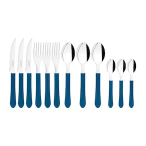 Miniatura Conjunto de Panelas 7 Peças Tramontina Bergamo Antiaderente e Tampas de Vidro - Azul + Faqueiro 12 Peças Leme com Lâminas em Aço Inox - Azul