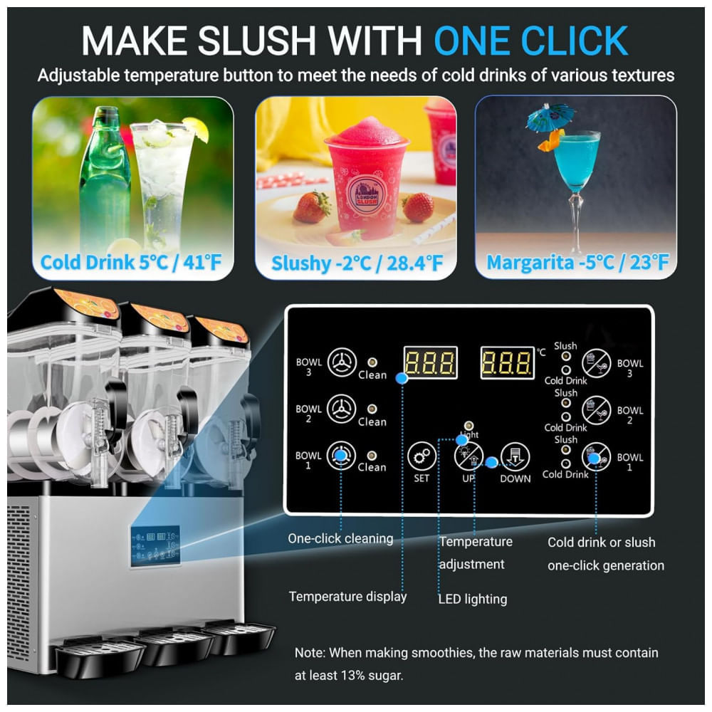 Máquinas de Raspadinha Drink Comercial de 45 litros com 3 Tanques BOSBAK, Operação Silenciosa, Sem Necessidade de Gelo, Perfeita para Slushie