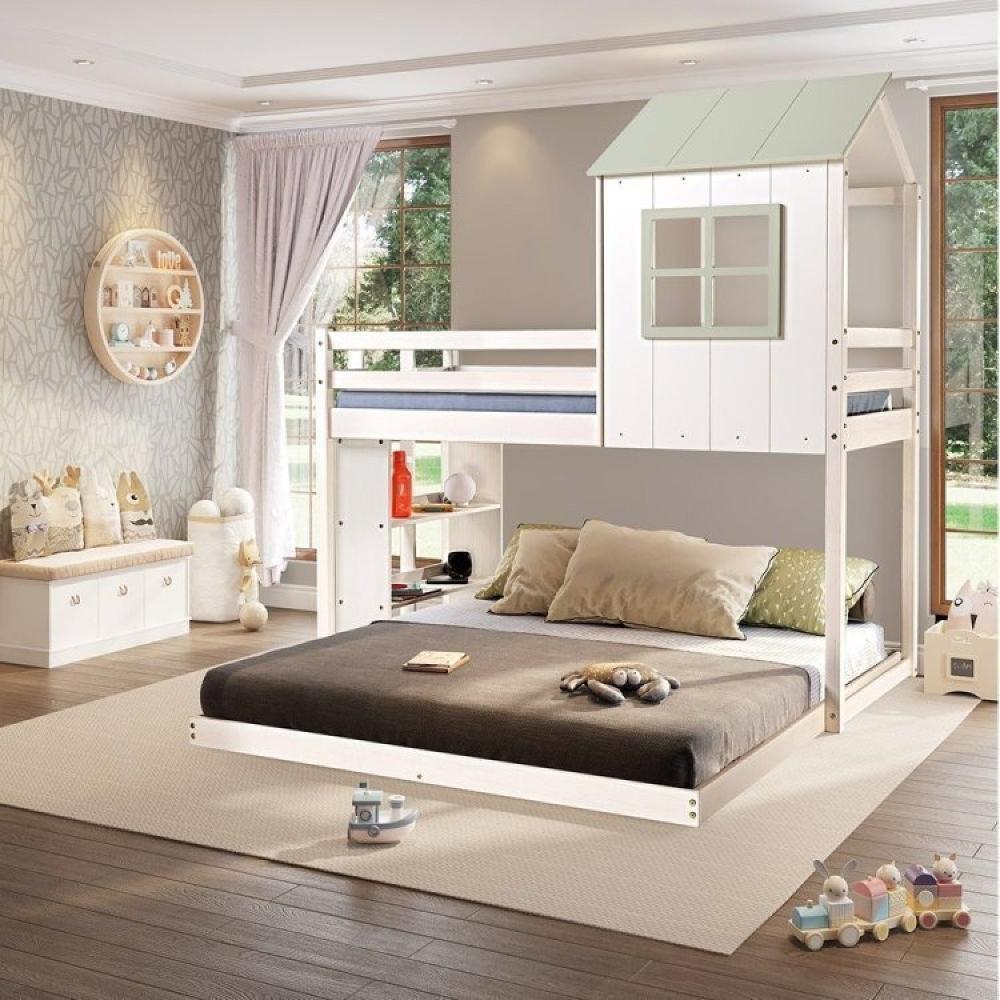 Miniatura Beliche Queen Montessoriano Cabana Family com Estante Casatema Branco/Verde