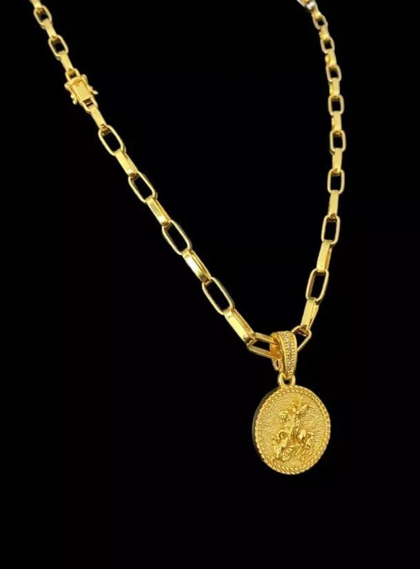 Miniatura Cordão Tijolinho 6Mm Pingente São Jorge - Banhado Ouro 18K