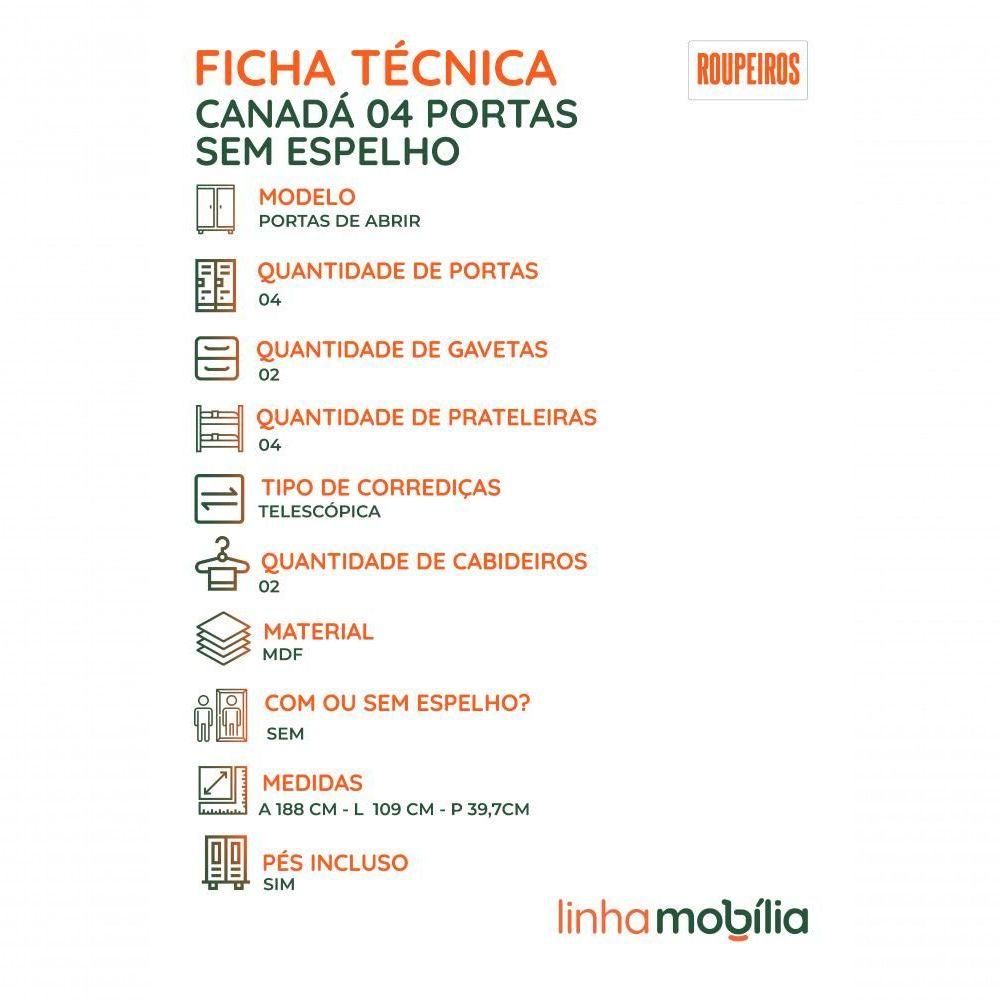 Guarda-roupa Solteiro Canadá 4 Portas 100% Mdf Linhamobília Branco