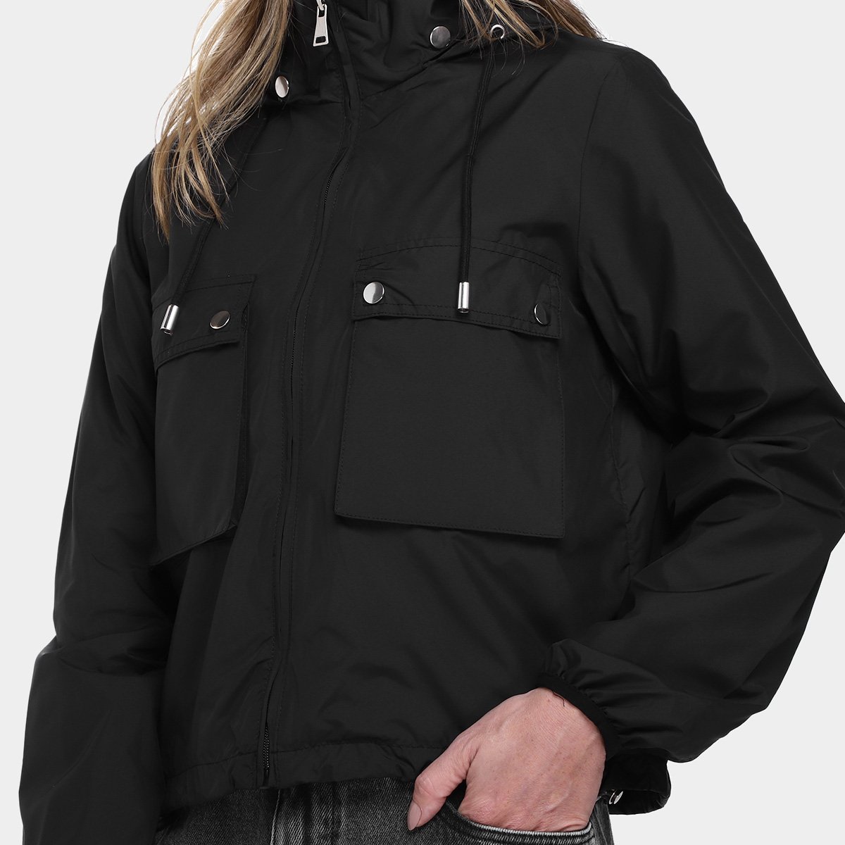 Miniatura Jaqueta Corta Vento com Capuz Facinelli Cargo Feminina Preto - G