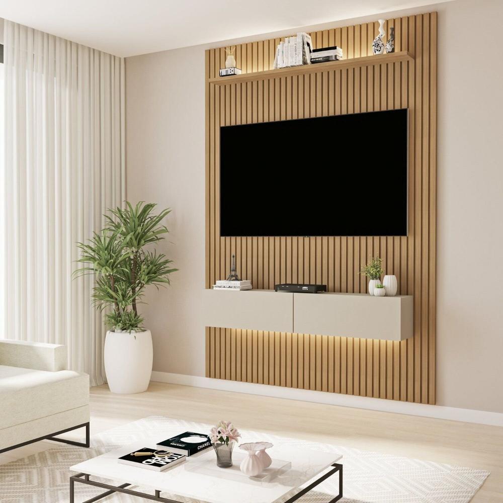 Miniatura Painel para TV até 50 Polegadas Frisado com Led Duplo Curitiba Cinamomo/Off White