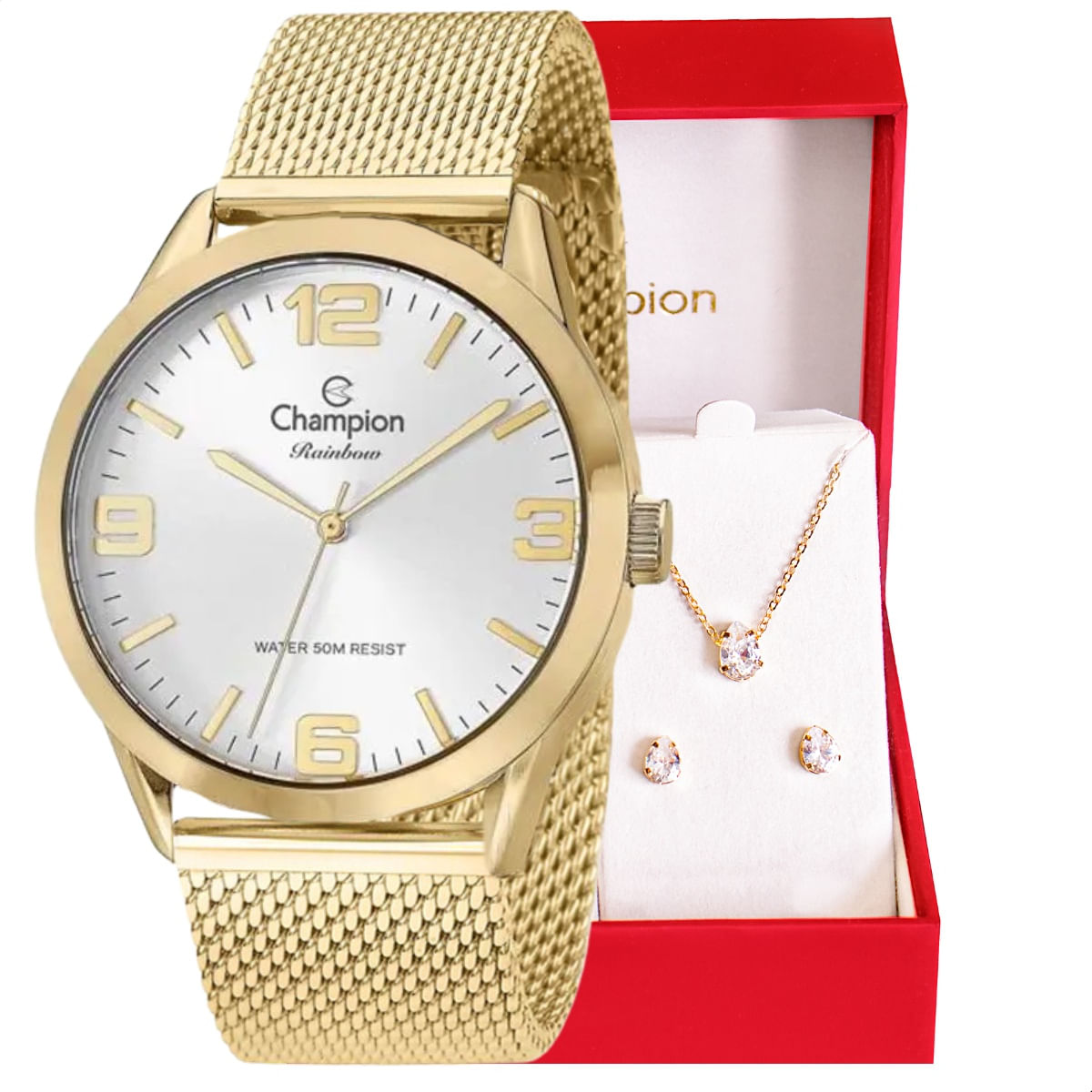 Relógio Champion Feminino Dourado Prova D´Agua + Kit de Brincos e Colar Garantia De Um Ano