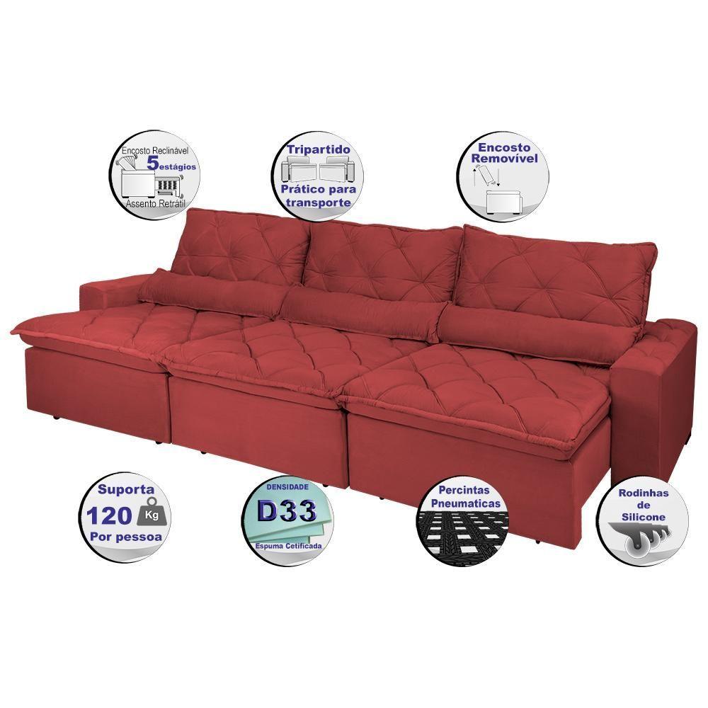 Sofá Lisboa 3,82m Retrátil, Reclinável, Molas No Assento E Almofadas Lombar Tecido Suede Vermelho