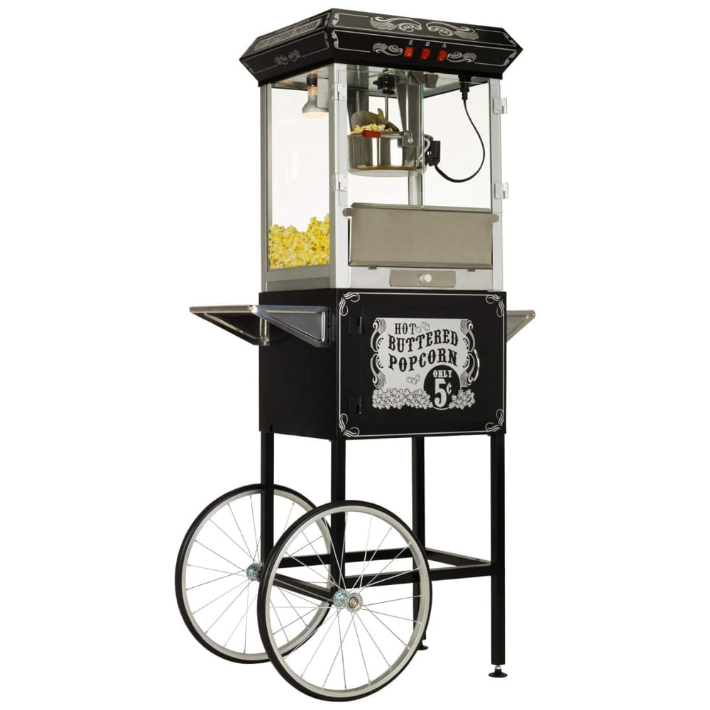 Miniatura Carrinho de Pipoca Vintage Profissional com Panela de 236 mL e Iluminação, 110V, Funtime FT860CB, Preto