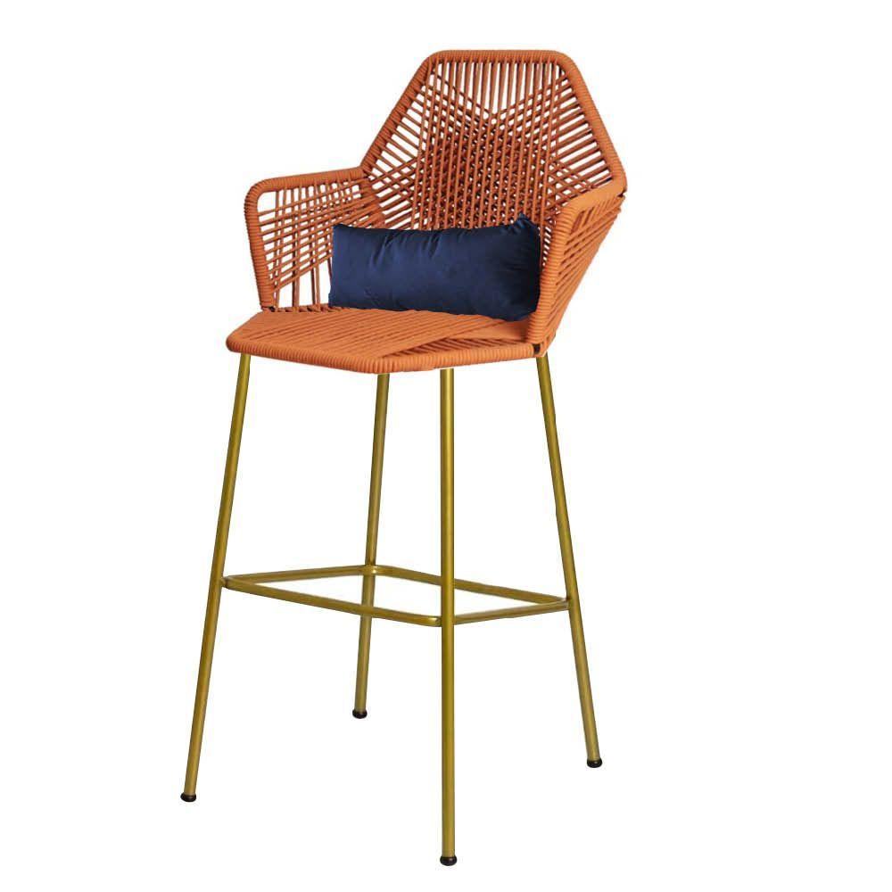 Miniatura Banqueta Alta Com Encosto Ferro Dourado Fibra Terracota Almofada Corino Azul Marinho