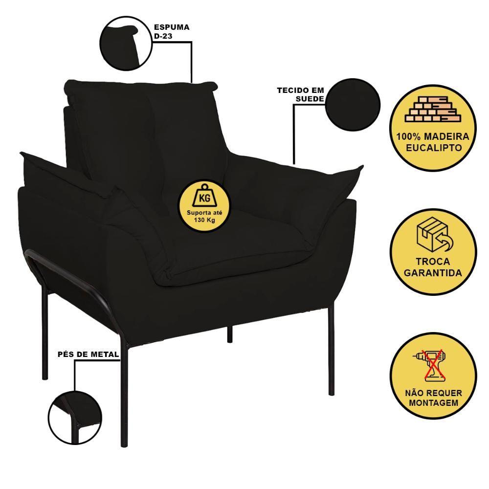Miniatura Kit 02 Poltronas + Namoradeira Pé Metal Preto Recepção Sala Preto